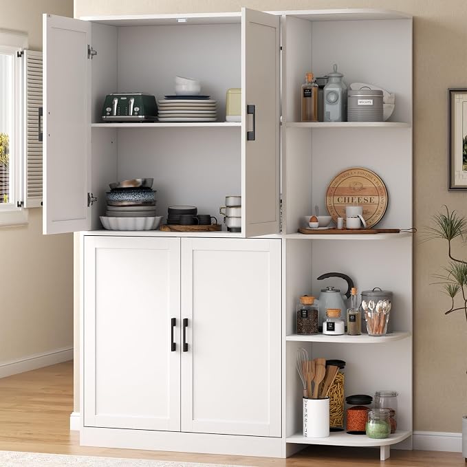 Kitchen Pantry Storage Cabinet, 64" Tall Freestanding Cupboard with Doors & Adjustable Shelves, Food Pantry Cabinet with 5-Tier External Shelf for Dining Room (White)