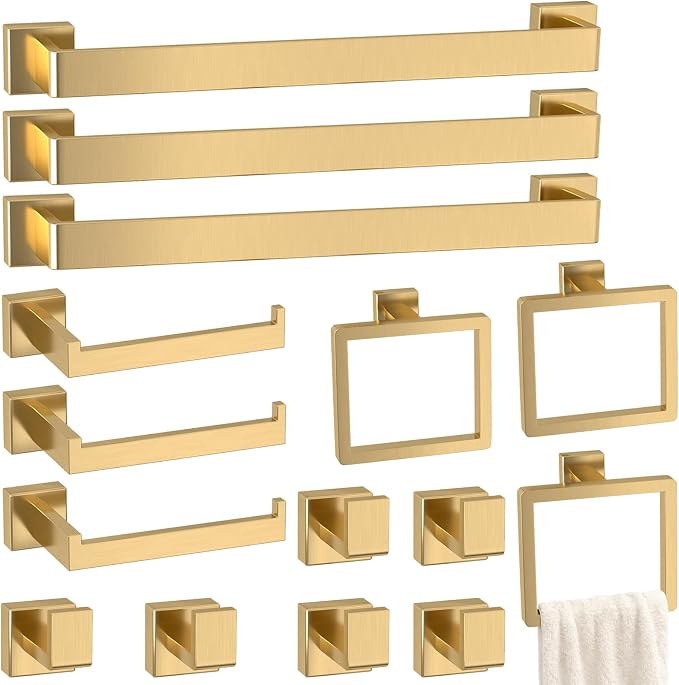 15-Pieces Gold Bathroom Accessories Set, 24 Inch Towel Bar Set | Stainless Steel, Towel Ring, Toilet Paper Holder, Robe Hooks, Towel Racks for Bathroom Wall Mounted, Bathroom Hardware Set