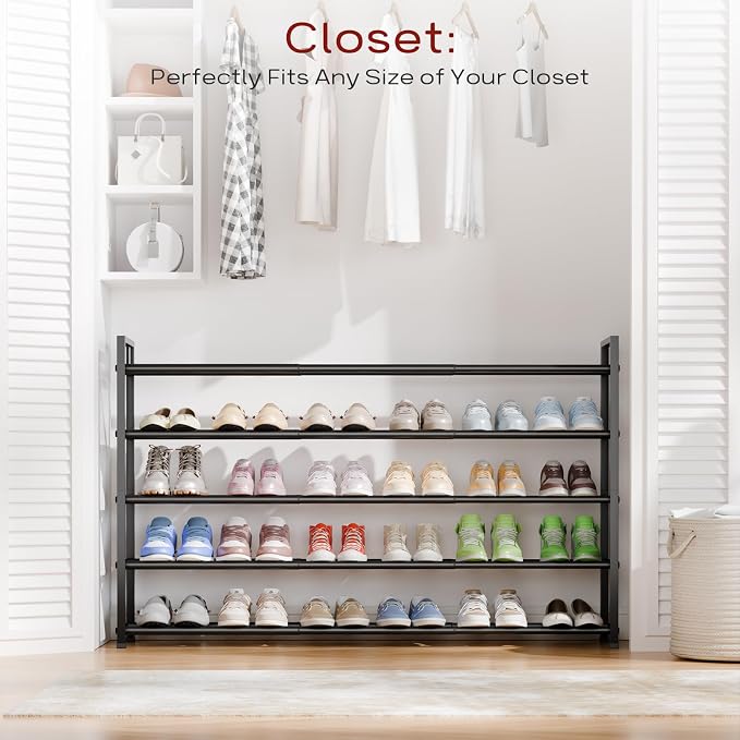 Bumusty 5 Tier Long Expandable Shoe Rack for Closet, Black | 18"-44" Adjustable Shoe Rack for Entryway, Shoe Organizer for Dorm, Front Door, Sturdy Metal