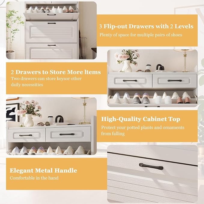 ODUWA Shoe Cabinet with 3 Flip Drawers and 2 Storage Drawers, Shoes Organizer Cabinets with Adjustable Divider, Hidden Shoe Storage Cabinet for Entryway, Hallway, Living Room, White