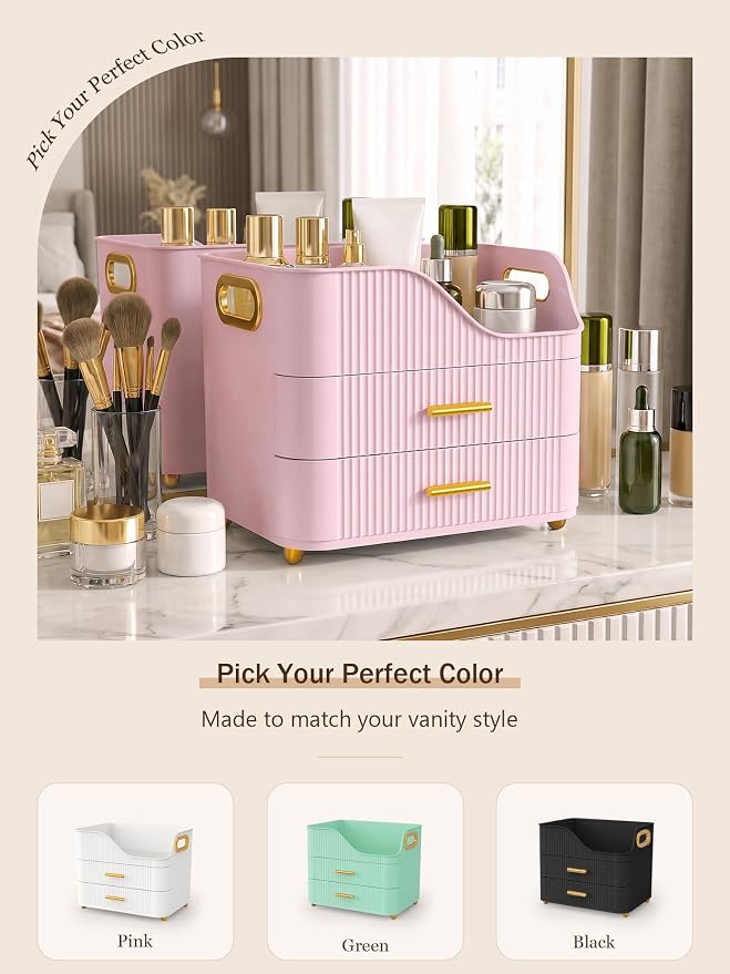 Booklov Large Makeup Organizer for Vanity, Bathroom Countertop, Pink | Plastic Cosmetic Display Case with Drawers, Beauty Brush Holder for Dresser Counter Skincare Eyeshadow Lipstick Storage