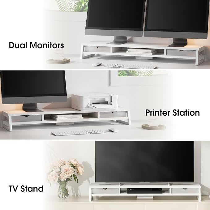 Fenge Dual Monitor Stand Riser, 42.5in Desk Shelf with 2 Drawers, White | 2-Tier Monitor Shelf for Desk, Storage Drawer with Stopper, Frosted, fit Home Office, Ultrawide Screen, PC, Laptop, TV