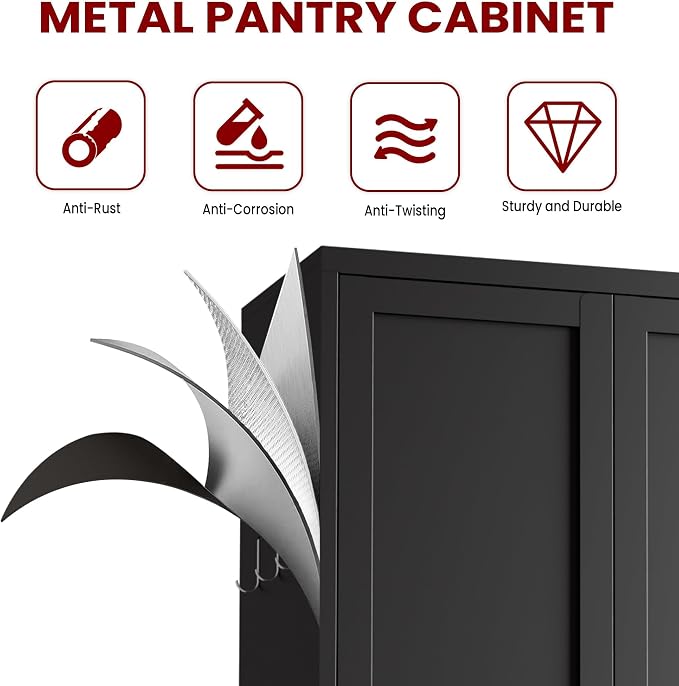AQY Kitchen Pantry Cabinet,72" Black Pantry Storage Cabinet with 5 Tier Adjustable Shelves and 2 Doors,Freestanding Cupboard,Metal Pantry Cabinets with Handle for Living Room Kitchen Assembly Required