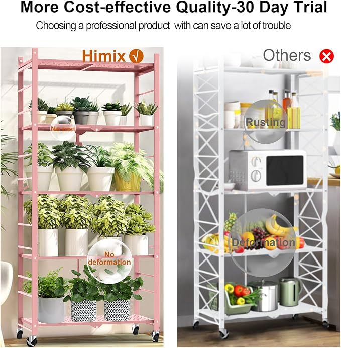 Himix Storage Shelves with 20 Hooks, 5-Tier Foldable Shelves for Storage, Folding Shelf Unit Pantry Shelves with Wheels, Standing Shelving Unit for Kitchen Garage Home Office Room Greenhouse, Pink