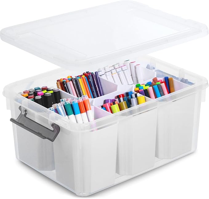 Citylife 17QT Craft Organizers and Storage bins with Lids, Marker Organizer | Clear Plastic, Art Supply Organizer for Markers, Crayons and Crafts, 6 Detachable Inserts, Versatile Stackable, No Assembly