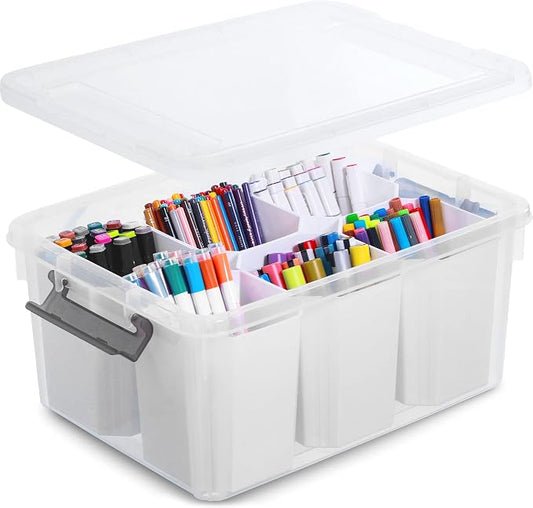 Citylife 17QT Craft Organizers and Storage bins with Lids, Marker Organizer | Clear Plastic, Art Supply Organizer for Markers, Crayons and Crafts, 6 Detachable Inserts, Versatile Stackable, No Assembly