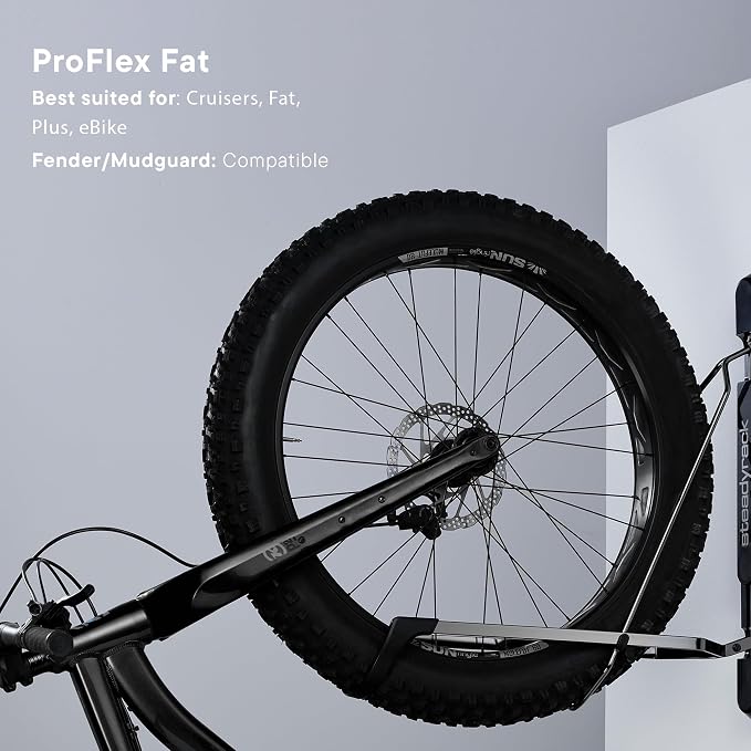 Steadyrack Fat Bike Wall Mount, Vertical Bike Storage for Garage, Shed | ProFlex Fat fits fat tires 2.8 to 4.5 in wide, wheels 20 to 29 in. Chrome-plated steel holds 121 lb, folds flat.