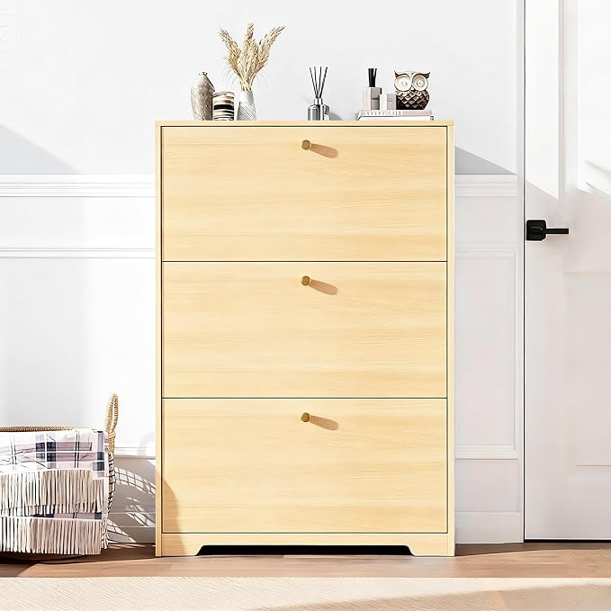 Nicetree Shoe Cabinet with 3 Flip Drawers, Entryway Storage, Natural Oak | Narrow Shoe Organizer, Freestanding Shoe Rack Cabinet, Modern Shoe Storage Cabinet for Entryway, Hallway, Foyer, With Hook