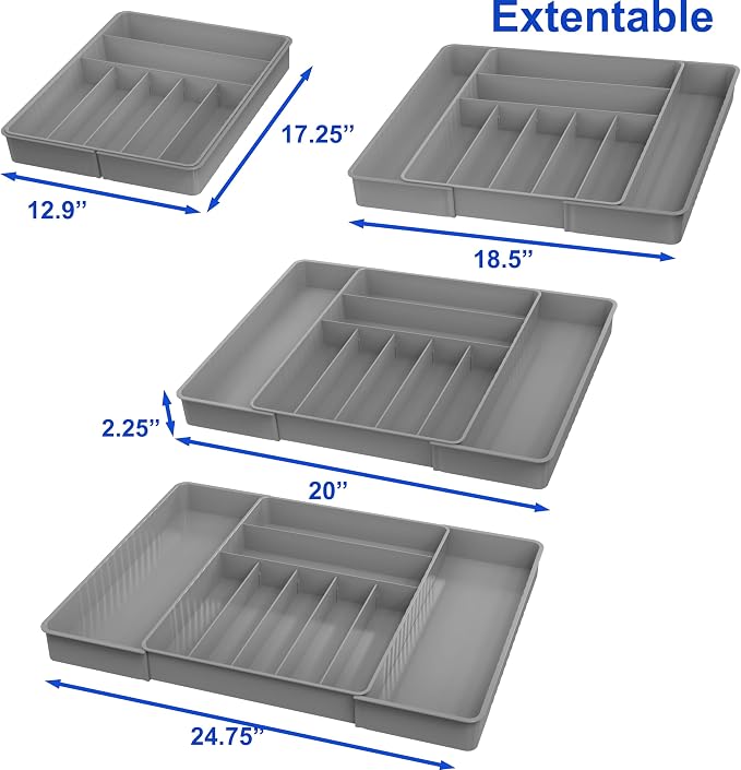 Simple Houseware Expandable Kitchen Drawer Flatware Organizer, Gray | Expandable Kitchen Drawer Flatware Organizer, Gray – Adjustable Cutlery Tray with 9 Compartments for Utensils and Silverware