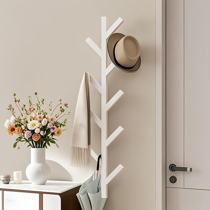 Prywot Vertical Hat Rack, Metal Coat Rack Wall Mounted, White, 37.8" | 9 Hooks, Space-saving wall-mounted design, for Hats, Jackets, Coats, and Bags - Suitable for Entryways and Bedrooms