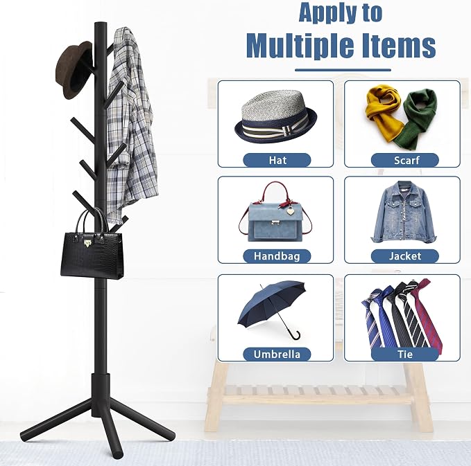 Haddockway Wooden Coat Rack Stand with 8 Hooks New Zealand Pine 3 Adjustable Coat Standing Tree Easy Assembly for Coats, Hats, Scarves and Handbags for Entryway, Hallway, Bedroom, Office,2 PCS