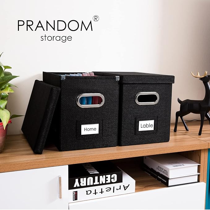 File Organizer Box - Set of 2 Collapsible Decorative Linen Filing Storage Hanging File Folders with Lids Office Cabinet Letter Size Black (14x9.3x10.8 inch)