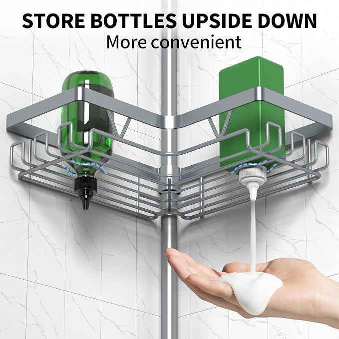 DAOYA Corner Shower Caddy Tension Pole, Light Gray | 4-Tier, Rustproof, Adjustable 25-114.2 Inch, Bathroom Organizer for Renters, Bathtub Shampoo Storage