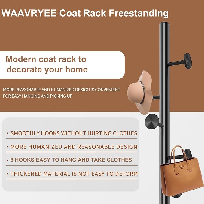 Coat Rack Stand,Black Metal Coat Rack Freestanding with 8 Hooks | Modern Coat Rack with Natural Marble Base,Coat Hanger Stand, 3 Adjustable Coat Clothes Tree Stand for Office