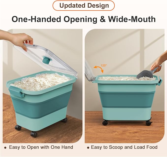 Rice Storage Container, Collapsible Airtight Food Storage Containers 20-30lbs with Clear Lid and Wheels, Rice Dispenser with Scoop for Flour Cereal Pasta Grain, Cat Pet Bird Dog Food Storage Container