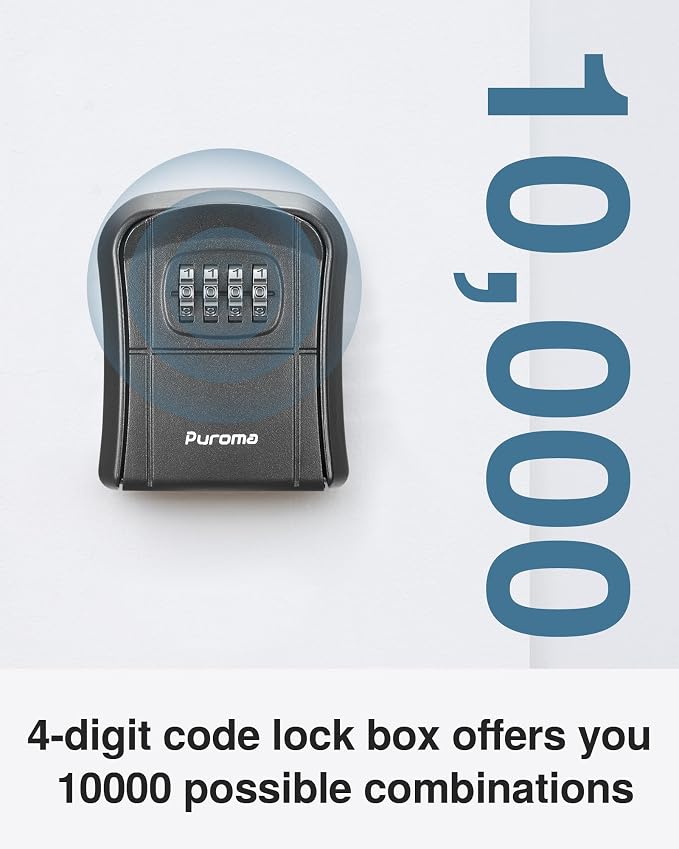 Puroma Key Lock Box Combination Lockbox Wall-Mounted Key Storage Box for House Keys, Resettable Code Safe Security Lock Box for Home, Office, Garage, Apartment Spare Key Storage (1 Pack, Black) | Outside, Portable, Wall Mount, Resettable, Combination, ...