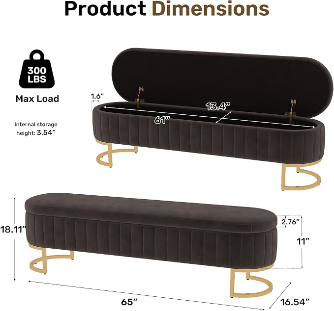 65" Velvet Storage Ottoman Bench End of Bed for Bedroom Entryway Dark Grey
