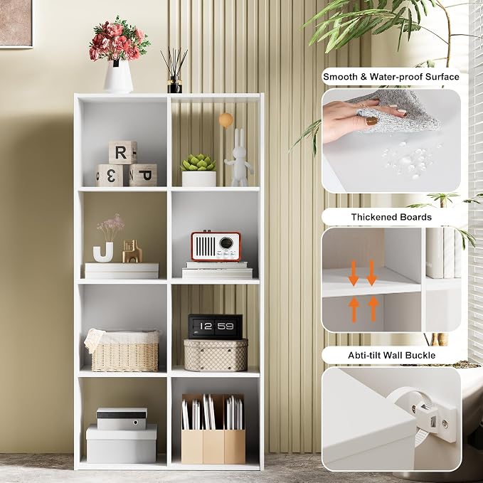 Sweetcrispy 8 Cube Storage Organizer, Stackable Modular Bookcase Shelf | Vertical or Horizontal Use, Fits 11×11" Bins, Removable Back Panels, for Living Room, Office, Entrance White Wood