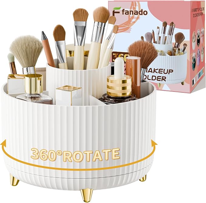 fanado 360° Rotate Makeup Brush Holder Organizer, Makeup Organizers Countertop, Makeup organization and Skincare Storage for Vanity, Desktop, Bathroom (White)