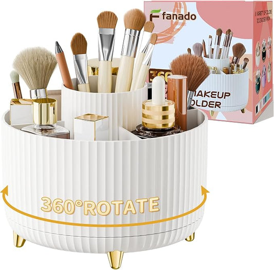 fanado 360° Rotate Makeup Brush Holder Organizer, Makeup Organizers Countertop, Makeup organization and Skincare Storage for Vanity, Desktop, Bathroom (White)