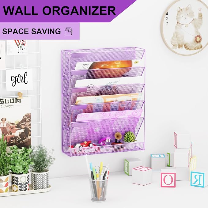 Wall File Organizer Holder Mesh Hanging Paper Document Holder, Vertical 6 Pocket Tier for Office Home, Light Purple