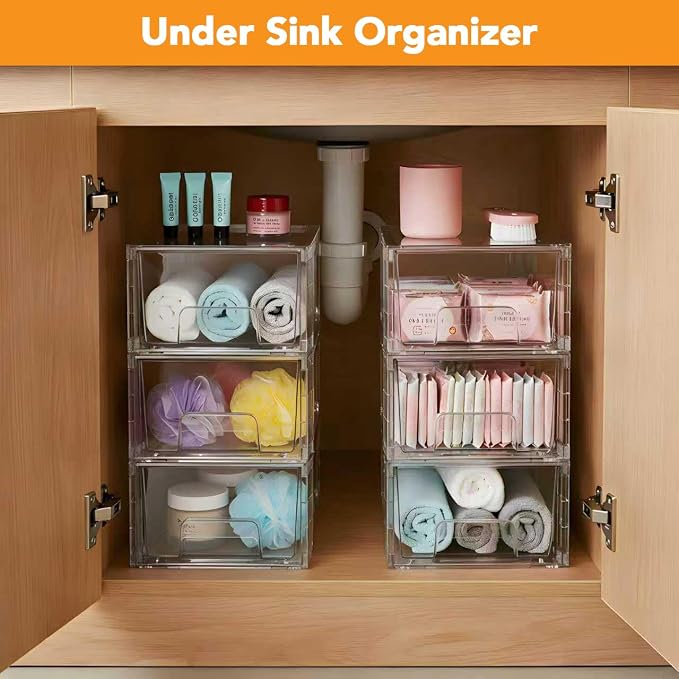 4 Pack Stackable Storage Drawers with Handles, Easy Assembly Clear Acrylic Fridge Organizer, Refrigerator Organizers and Storage for Kitchen, Under Sink, Pantry, Bathroom