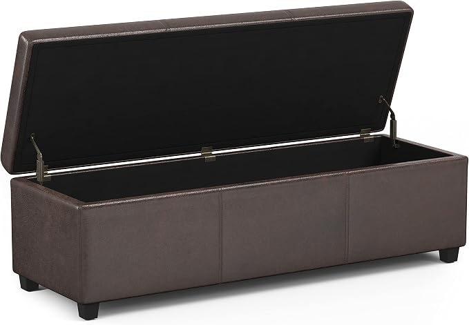 SIMPLIHOME Bretton 43" Wide Polyester Fabric Storage Ottoman in Umber Brown | Contemporary lift-top ottoman with high-density foam; rectangle storage bench or coffee table for living room or entryway.