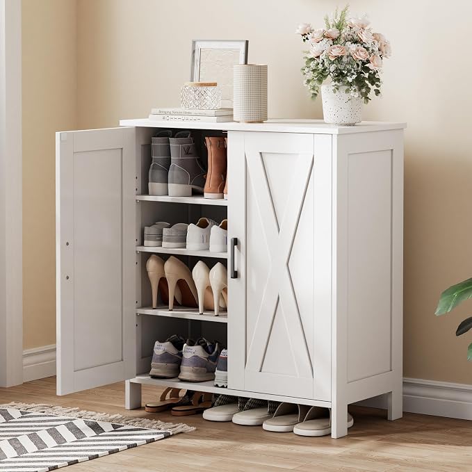 Homleke Farmhouse Shoe Cabinet with 2 Barn Doors & Wood Legs | Tall 4-Tier Shoe Storage Cabinet, 3 Adjustable Shelves, Shoe Rack Organizer, for Entryway, Hallway, Closet, White