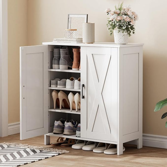 Homleke Farmhouse Shoe Cabinet with 2 Barn Doors & Wood Legs | Tall 4-Tier Shoe Storage Cabinet, 3 Adjustable Shelves, Shoe Rack Organizer, for Entryway, Hallway, Closet, White
