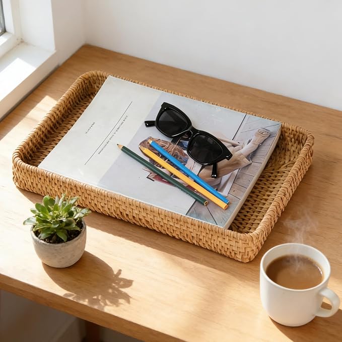 Rattan Serving Tray, Rectangle Wicker Storage Basket for Organizing | M(14.6" × 9.1"), Natural Rattan, Decorative Woven Trays Wicker Baskets for Storage, Home Decor, Bathroom, Kitchen Counter