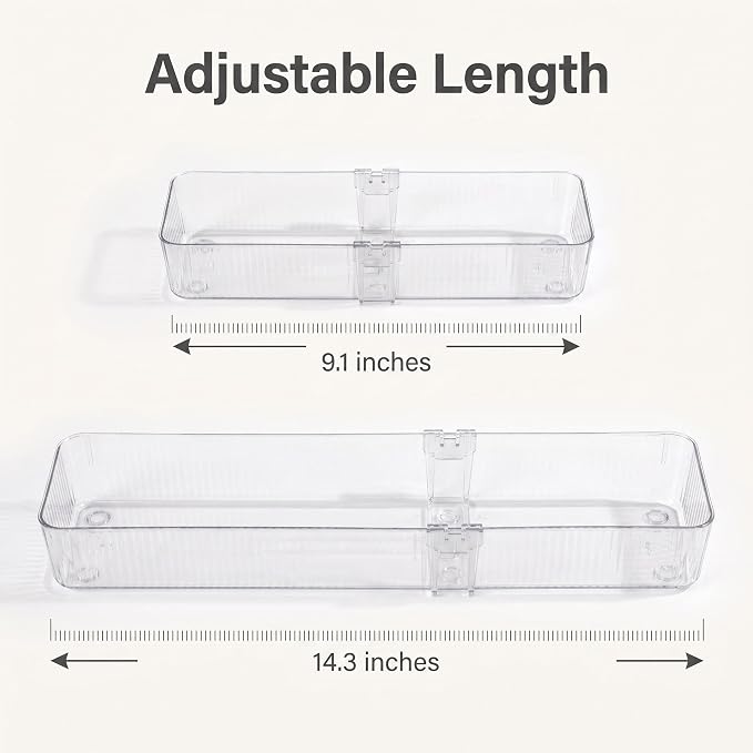 4-Pack Expandable Utensil Drawer Organizer | Clear Plastic Adjustable Storage Trays for Kitchen cutlery, silverware, Refrigerator, Cabinet & Pantry