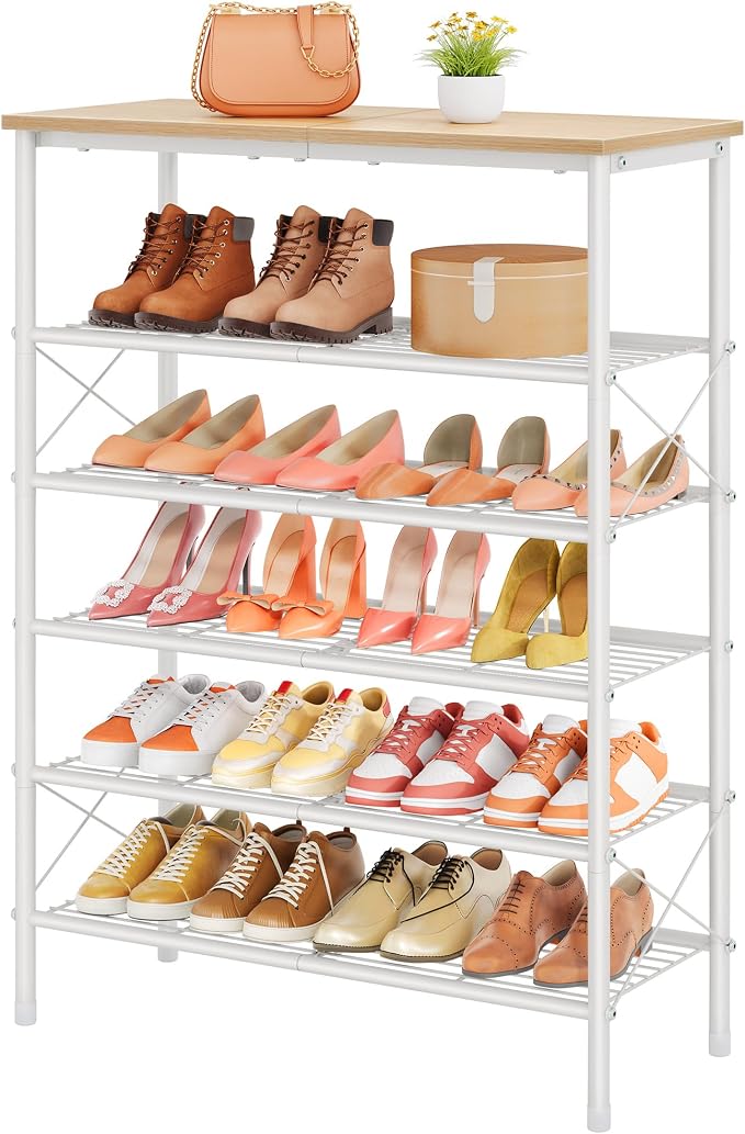6 Tier Shoe Rack for 20-24 Pairs of Shoes, White Log | Sturdy & Durable, X Shape Fixed Frame, Metal Mesh Shoe Shelf, Industrial, For Closet, For Entryway Shoe Storage
