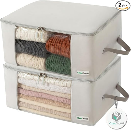 2 Pack Clothing Storage Bags Clothes Organizer folding fabric bags for sweaters, clothing, garment, bedding, quilt, linens, large folding organizers with zip & window, mothproof underbed space savers