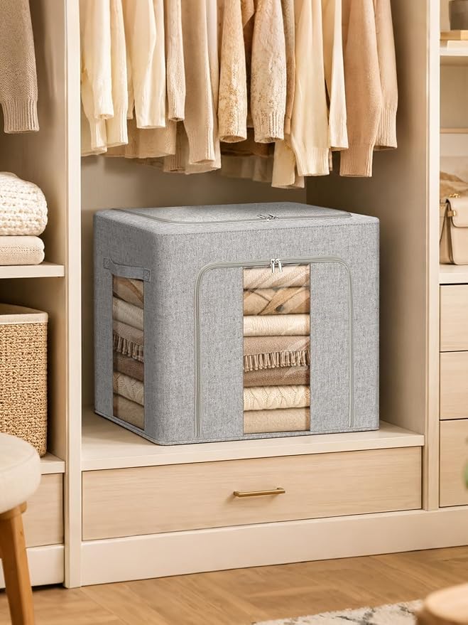 punemi 50L Cashmere Sweater Storage Bag with Steel Frame, 1 Pack, Grey | Natural Cedar Balls Included, Clear Window, for Cashmere, Wool Sweaters & Knitwear, Closet & Bedroom Storage