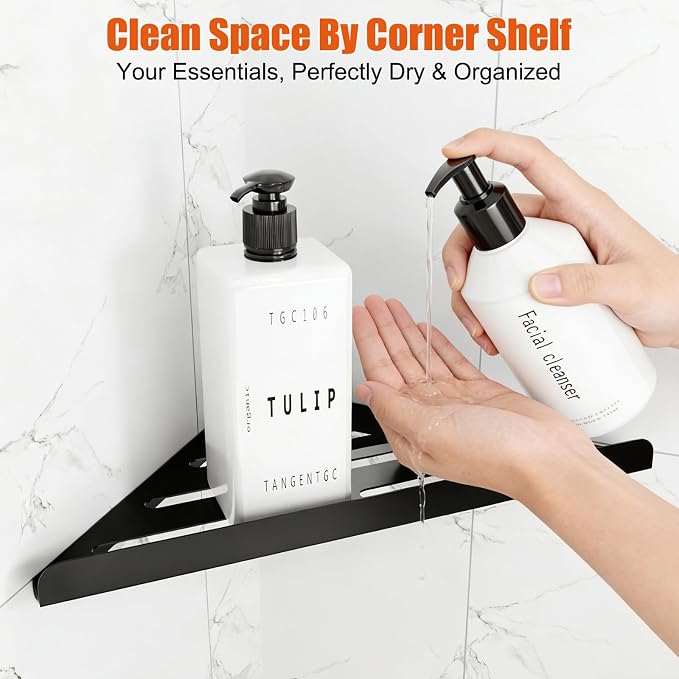 Fikoksol Shower Caddy Storage, Triangle Corner Shelf with Adhesive Glue | Metal Bathroom Shelf Storage, Adhesive or Screw Wall Mounted Corner Shower Rack, Black Rustproof Bath Organizer Accessory