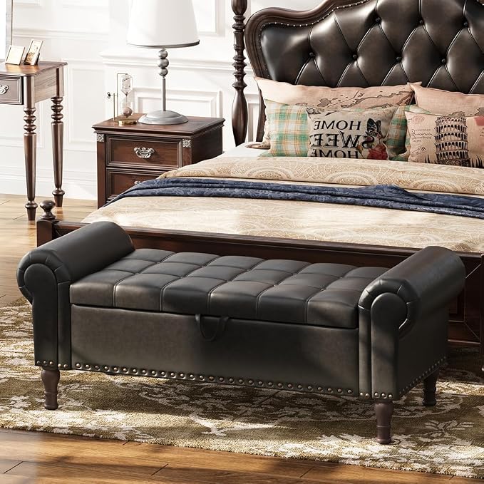 Apicizon 51” Bench with Storage, Queen Size Faux Leather End of Bed Bench with Tufted Button, Ottoman Bench with Rolled Arms & Vintage Rivets for Foot of Bed, Living Room, Entrance, Black