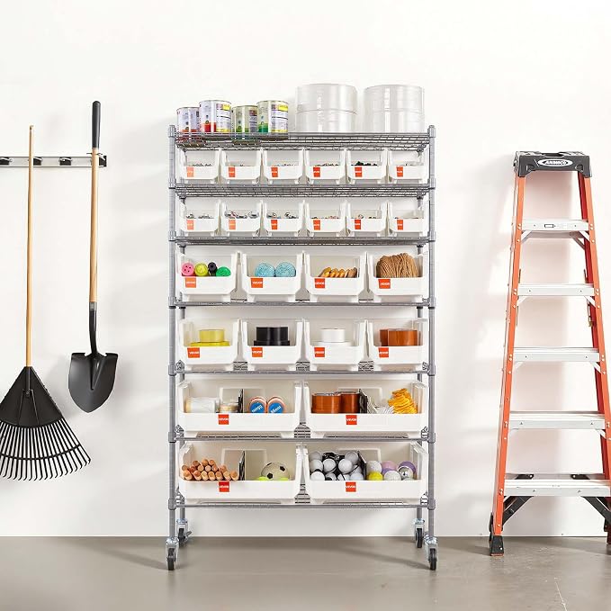 VEVOR 7-Tier Rolling Bin Storage Rack, 24 Organizer Bins, Bin Rack Storage Steel Wire Shelving System with Wheels, Mobile Tool Organizer for Garage, Warehouse, Office, Restaurant, Classroom, Kitchen