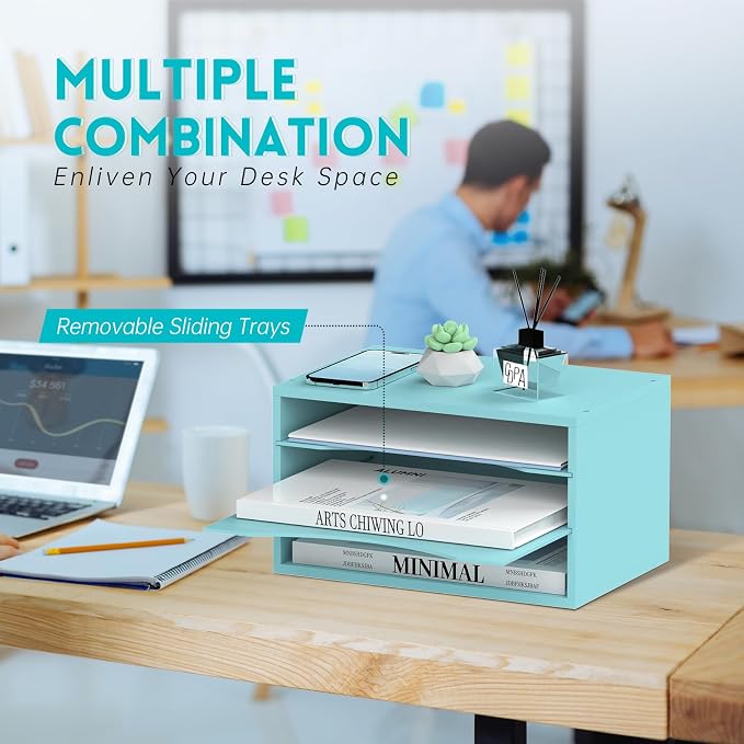 3 Tier Wood Desk Organizer, Mail Sorter and Paper Organizer for Desk, Blue | Wooden Desktop Organizer for Sorting Papers, Letters and Mails, Literature Organizer for Home Office, Classroom Organization