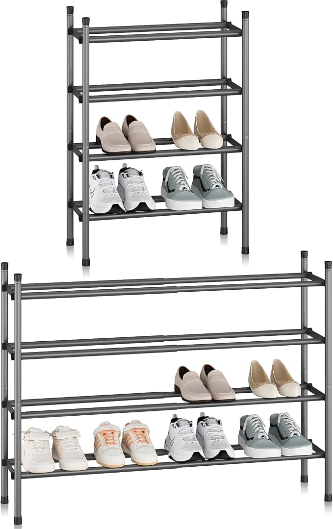 STORAGE MANIAC Expandable Shoe Rack, 16 Pairs Stackable Small Shoe Rack, Metal Adjustable Shoes Organizer for Closet, Entryway, Hallway, Garage, Front Door, Shoes Shelves, Black 4 Tier
