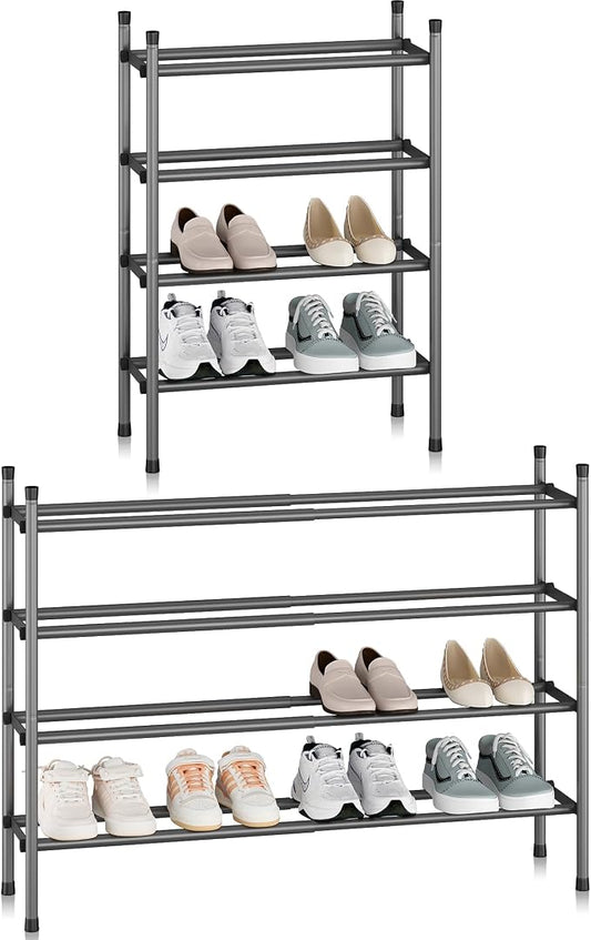 STORAGE MANIAC Expandable Shoe Rack, 16 Pairs Stackable Small Shoe Rack, Metal Adjustable Shoes Organizer for Closet, Entryway, Hallway, Garage, Front Door, Shoes Shelves, Black 4 Tier