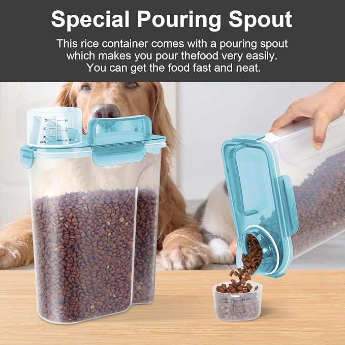 LEAWALK 5-7Lbs Cat Dog Storage Container, Portable Pet Food Containers with Upgraded Large Spout and Cup, Small Animal Kibble Dispenser for Bird Seed, Oatmeal, Rice, Flour-Clear Blue