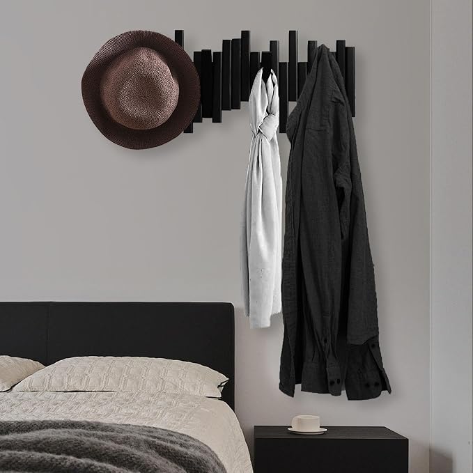 MinBoo Bamboo Multi Hook Coat Rack -Decorative Hooks for Wall Modern, Unique, Space-Saving Coat Hanger with 4 Flip-Down Hook for Hanging Coats, Christmas Decorations Wall Hooks for Hanging,Black