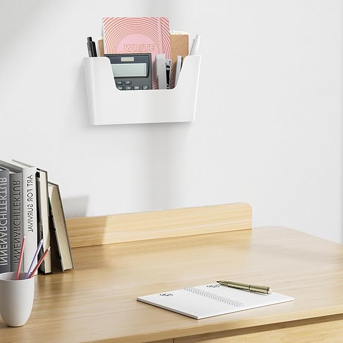 JOMOLA No Drilling File Holder 2 Pack Mail Organizer Wall Mount File Organizer Holder Office Wall Hanging Files Magazines Organizer Plastic Door Mount Wall Pocket with Adhesive Pad, White Color