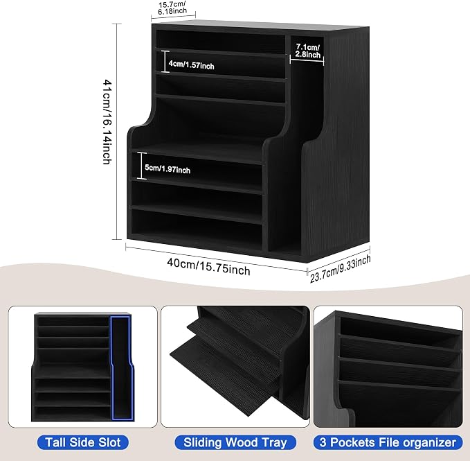 Wood Desktop File Holder Organizer Mail Sorter for File Folders, Mails, Envelopes or Magazines, 8 Compartments (Black)
