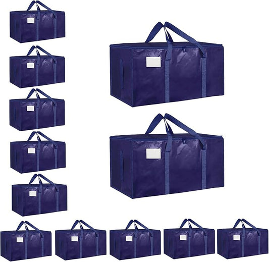 12 Pack-Extra Large Heavy Duty Moving Bags - Waterproof Storage Totes with Handles & Zippers, Foldable for College Dorm, Storage (Dark Blue)