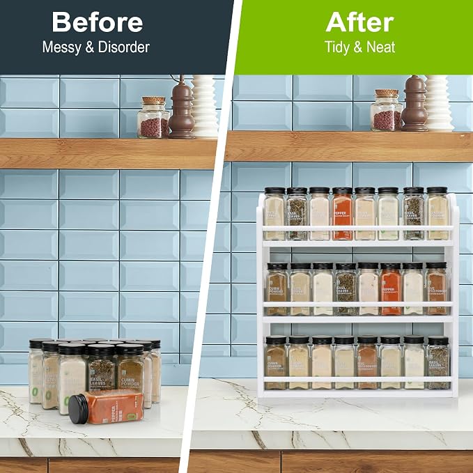 3 Tier Bamboo Spice Rack, Spice Rack Organizer, Seasoning Jars Rack Shelf Spice Organizer for Kitchen Counter or Wall Mounting, Spice Storage Holder with handles, Jars Not Included, White