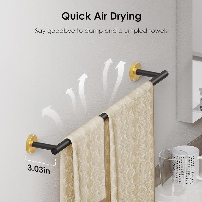 FORIOUS Towel Bar 24" Towel Racks for Bathroom Wall Mounted Black and Gold | Total Length 26 Inch, Rustproof, Stainless Steel Towel Holder, Wall Mounted for Bathroom Bedroom, Heavy Duty, Space Saving