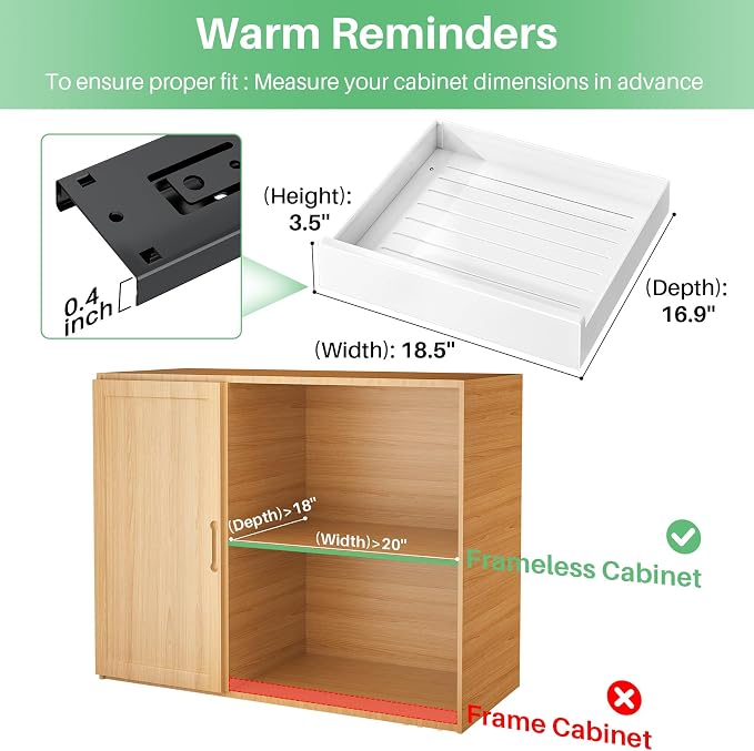 Pull Out Cabinet Organizer with Nano Adhesive, Heavy Duty Full-Extension Slide-Out Drawer for Kitchen Cabinet Organizers and Storage, No Drill Roll out Pantry Shelf, 18.5"W x 16.9"D x 3.1"H , White