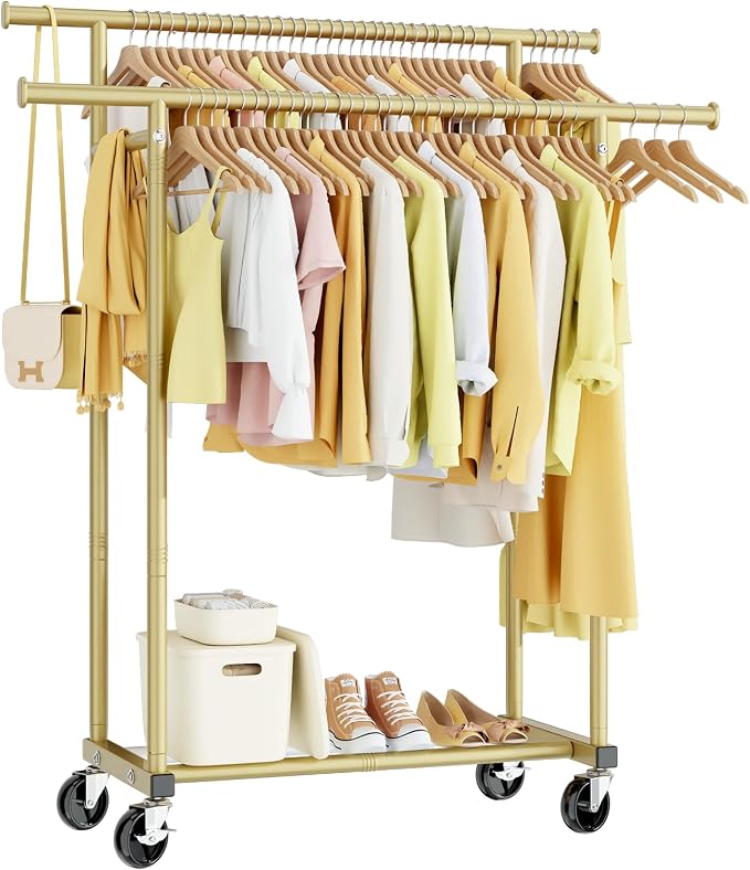 HYSEYY Double Rods Clothes Rack, Sturdy Rolling Clothing Rack, Portable Clothing Racks for Hanging Clothes - Metal Garment Rack Wardrobe Coat Rack for Bedroom Laundry Living Room, Light Gold