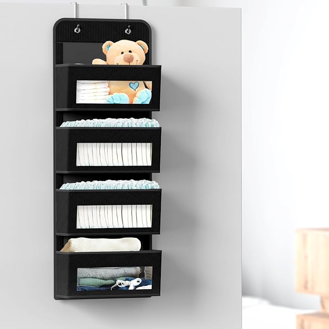 Simple Houseware 4 Clear Window Pocket Over Door Hanging Organizer, Black | Over the Door Storage for Closet, Bedroom, Bathroom, Pantry